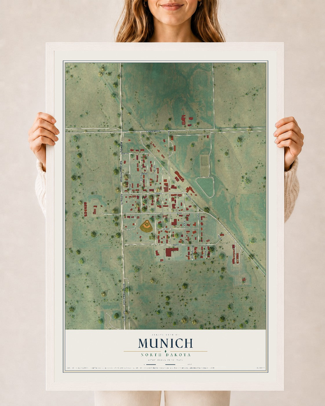 Map of Munich, North Dakota, 24 x 36 inch print in a white wood frame