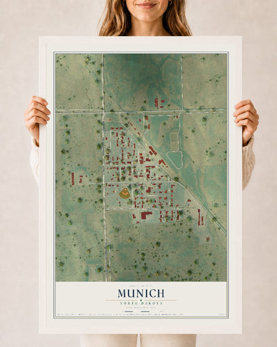 Map of Munich, North Dakota, 24 x 36 inch print in a white wood frame