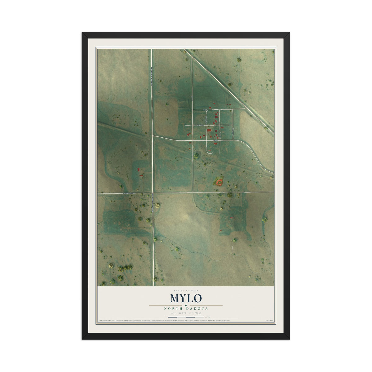 Map of Mylo, North Dakota, 12 x 18 inch print in a black wood frame