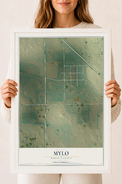 Map of Mylo, North Dakota, 18 x 24 inch print in a white wood frame