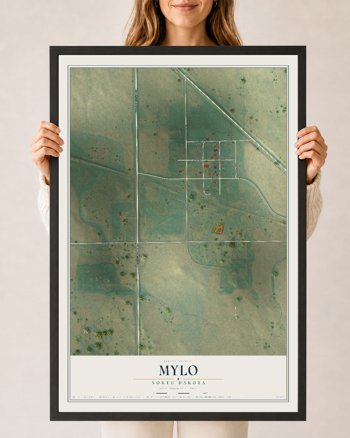 Map of Mylo, North Dakota, 24 x 36 inch print in a black wood frame