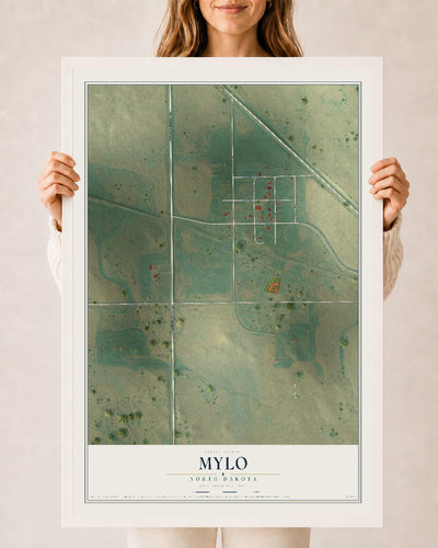 Map of Mylo, North Dakota, 24 x 36 inch print in a white wood frame