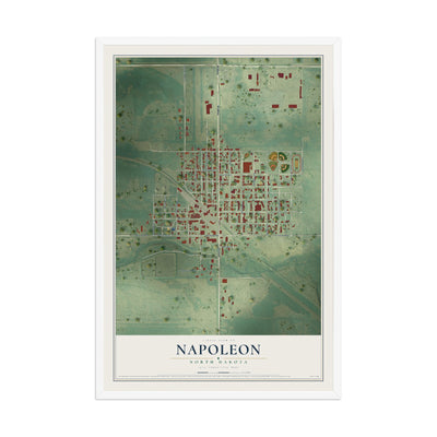Map of Napoleon, North Dakota, 12 x 18 inch print in a white wood frame