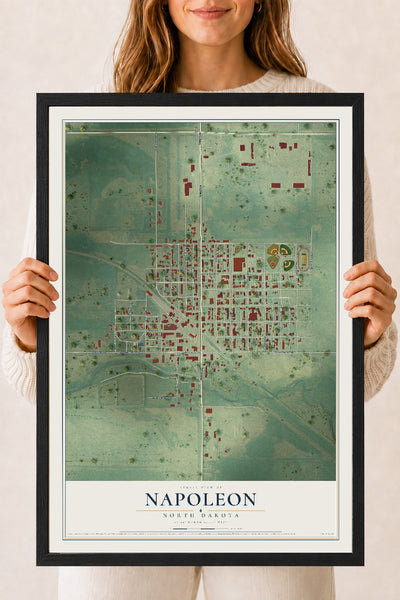 Map of Napoleon, North Dakota, 18 x 24 inch print in a black wood frame