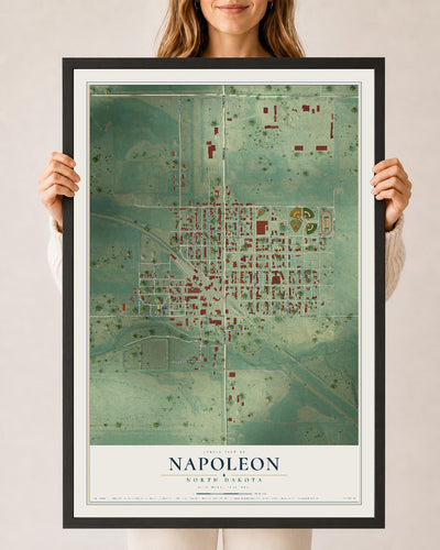 Map of Napoleon, North Dakota, 24 x 36 inch print in a black wood frame