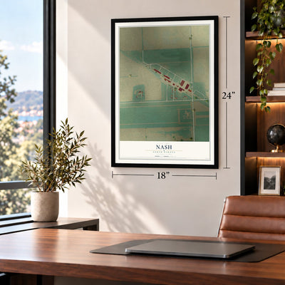 Nash, North Dakota map, 18 x 24 inch print in a black frame in a home office
