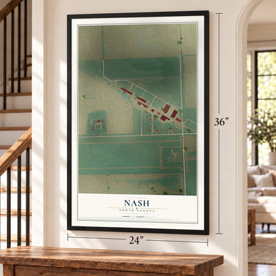 Nash, North Dakota map, 24 x 36 inch print in a black frame by a staircase