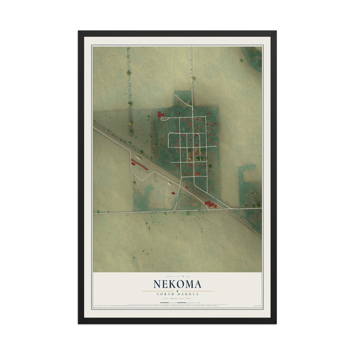 Map of Nekoma, North Dakota, 12 x 18 inch print in a black wood frame