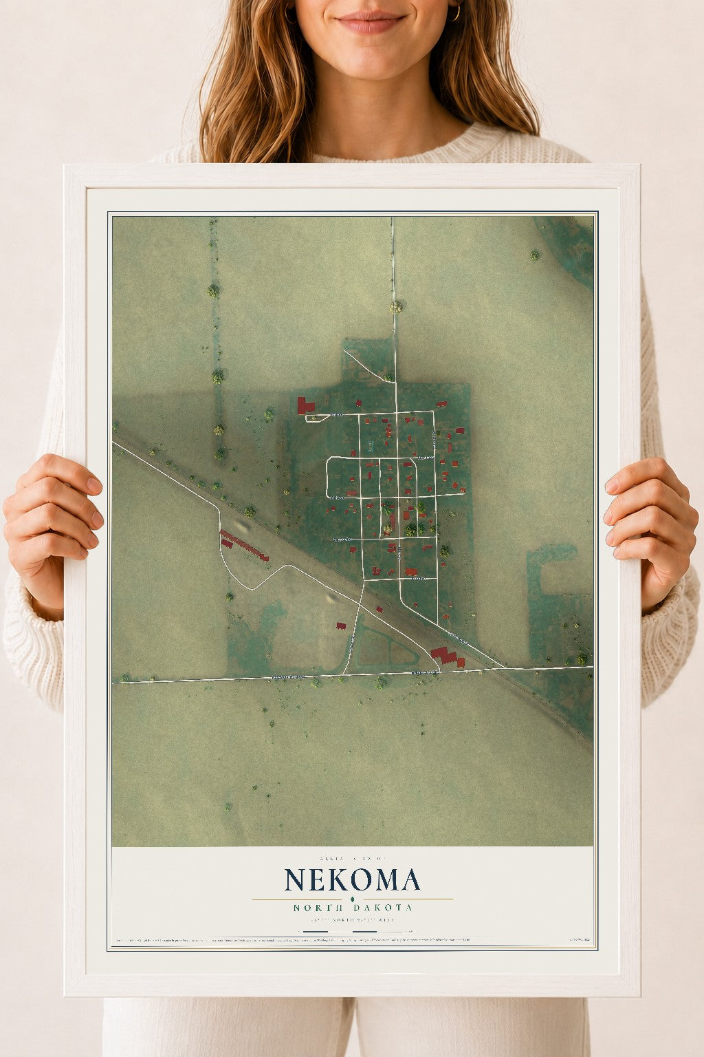 Map of Nekoma, North Dakota, 18 x 24 inch print in a white wood frame