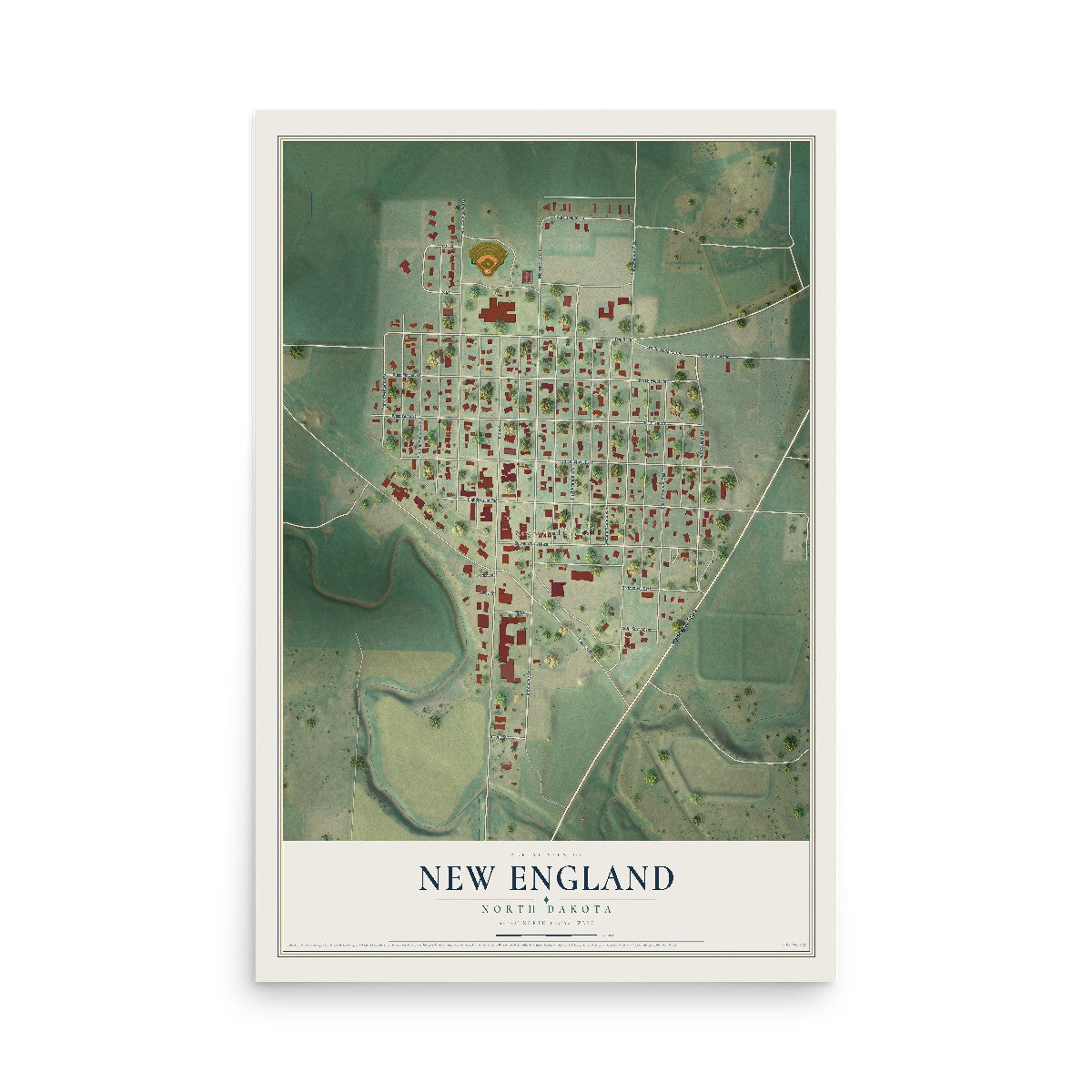 Map of New England, North Dakota, 12 x 18 inch unframed archival matte print