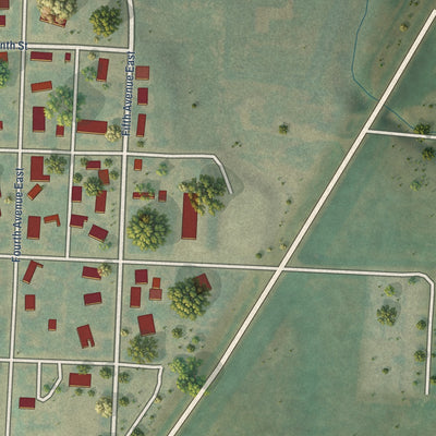 Second close-up of the map of New England, North Dakota print showing more streets and buildings