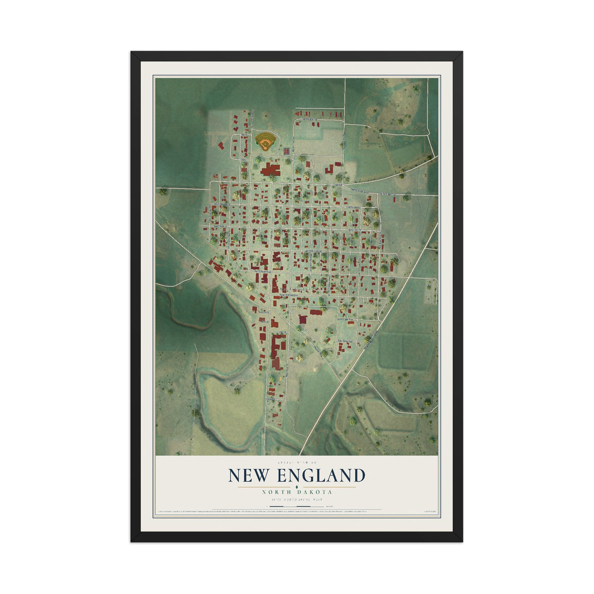 Map of New England, North Dakota, 12 x 18 inch print in a black wood frame