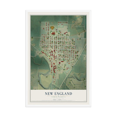 Map of New England, North Dakota, 12 x 18 inch print in a white wood frame