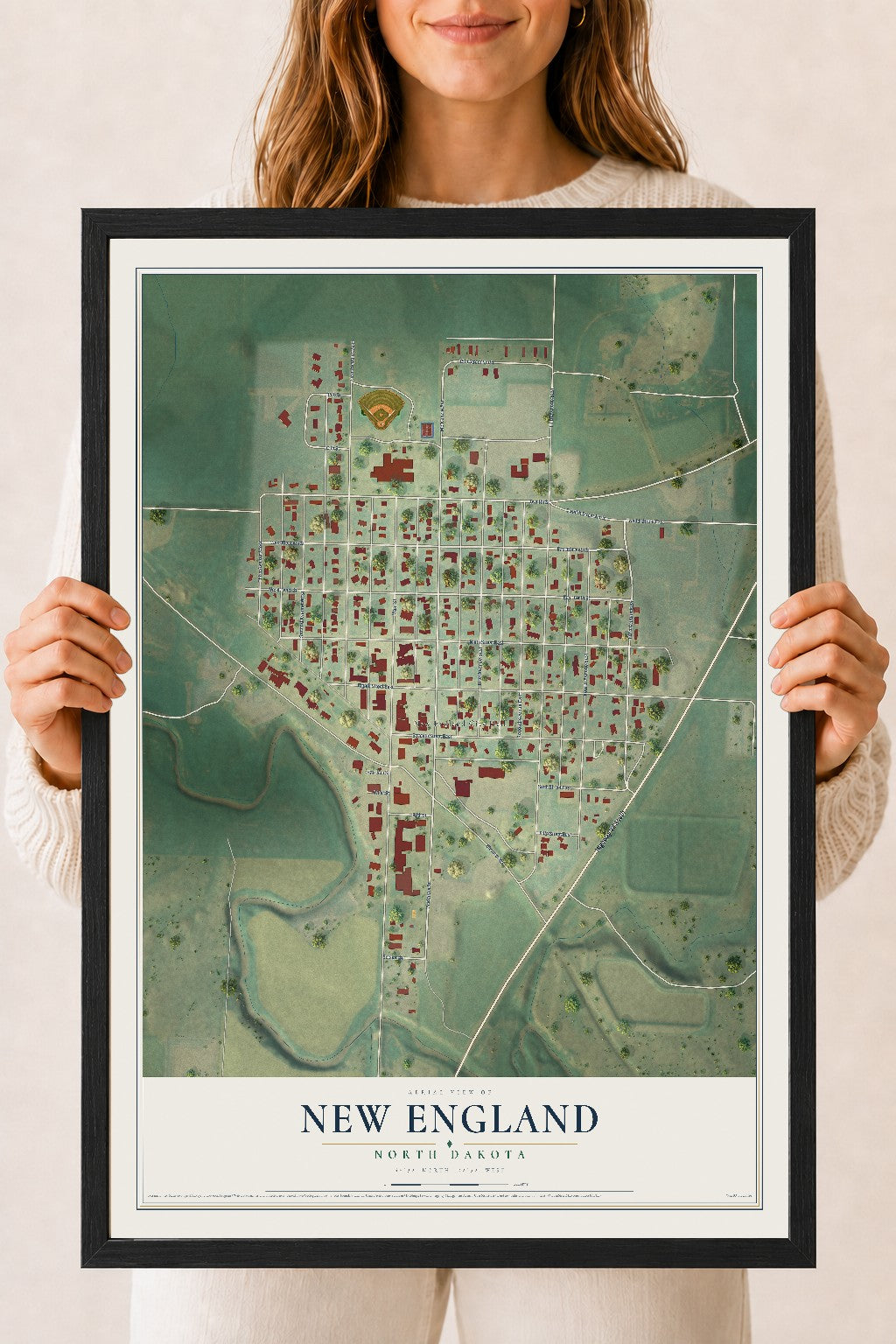 Map of New England, North Dakota, 18 x 24 inch print in a black wood frame