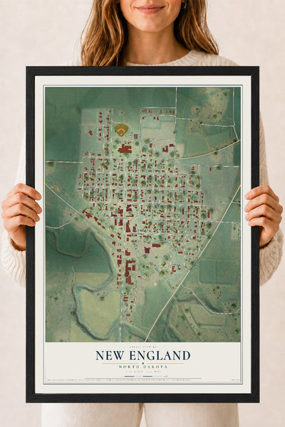 Map of New England, North Dakota, 18 x 24 inch print in a black wood frame