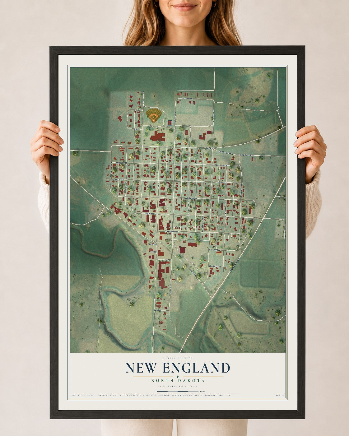 Map of New England, North Dakota, 24 x 36 inch print in a black wood frame