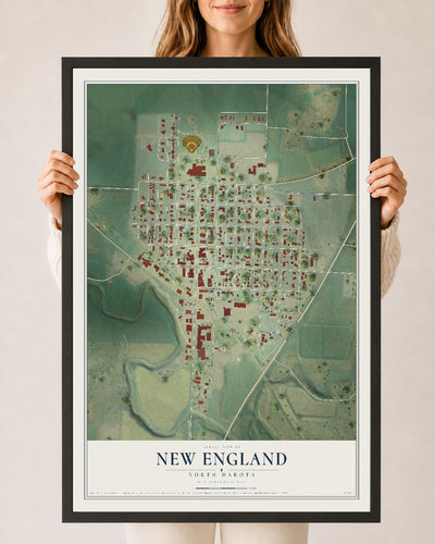 Map of New England, North Dakota, 24 x 36 inch print in a black wood frame