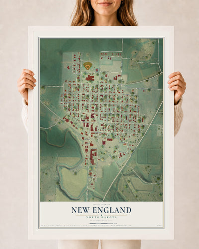 Map of New England, North Dakota, 24 x 36 inch print in a white wood frame