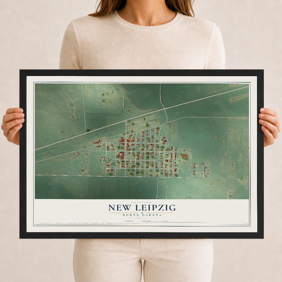 Map of New Leipzig, North Dakota, 12 x 18 inch print in a black wood frame