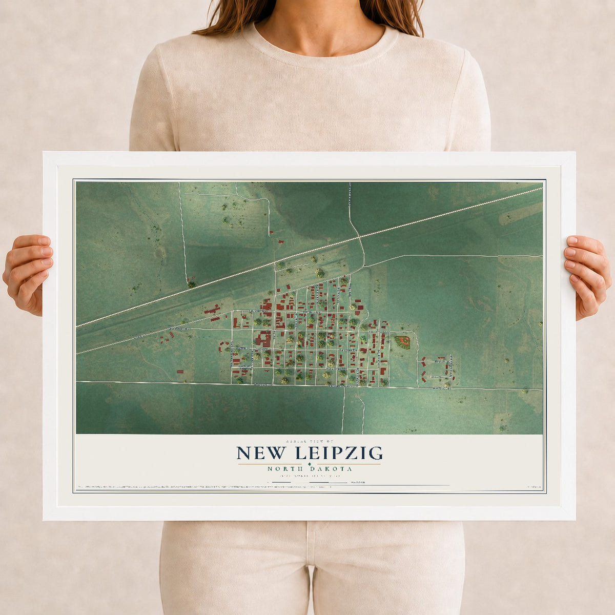 Map of New Leipzig, North Dakota, 12 x 18 inch print in a white wood frame