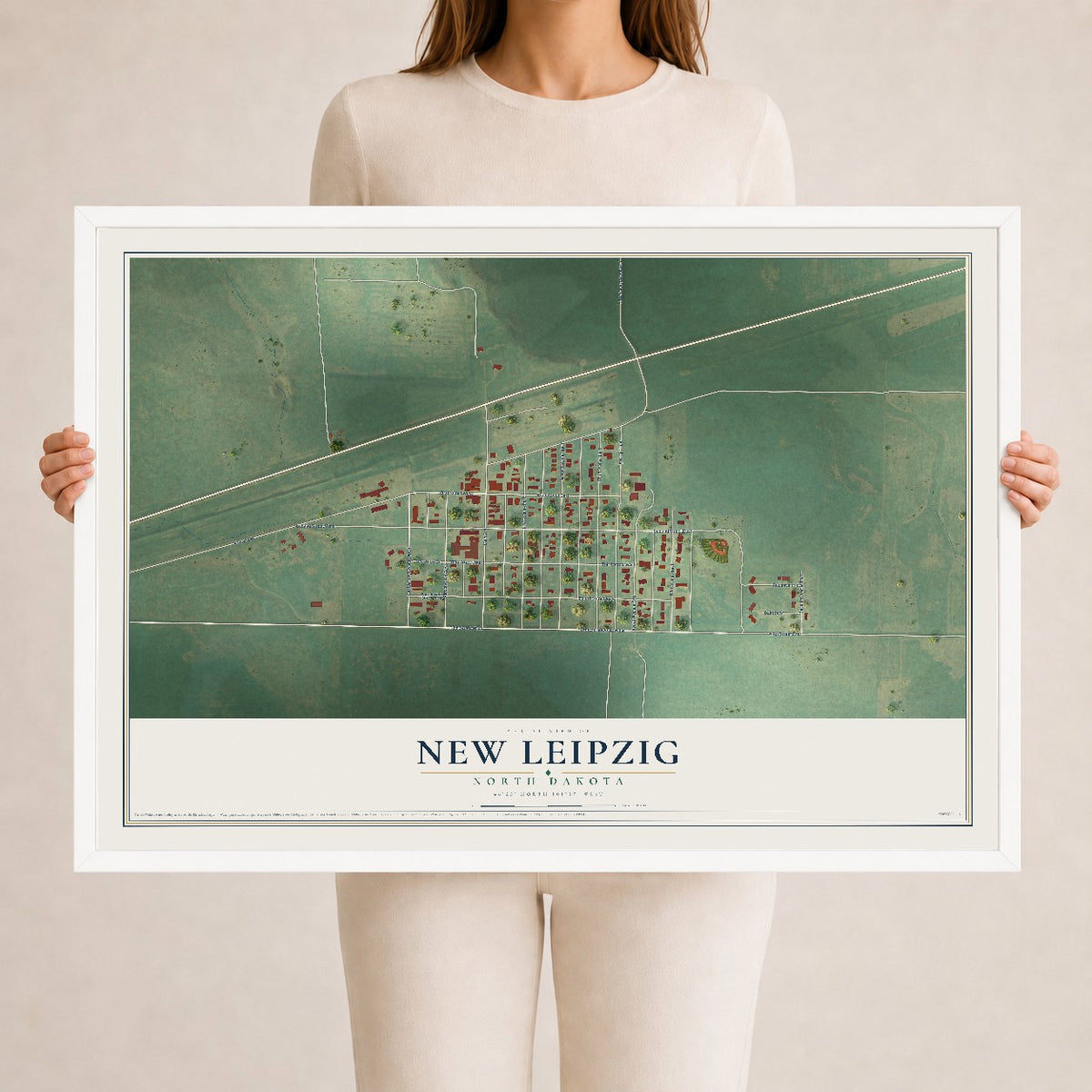 Map of New Leipzig, North Dakota, 24 x 36 inch print in a white wood frame