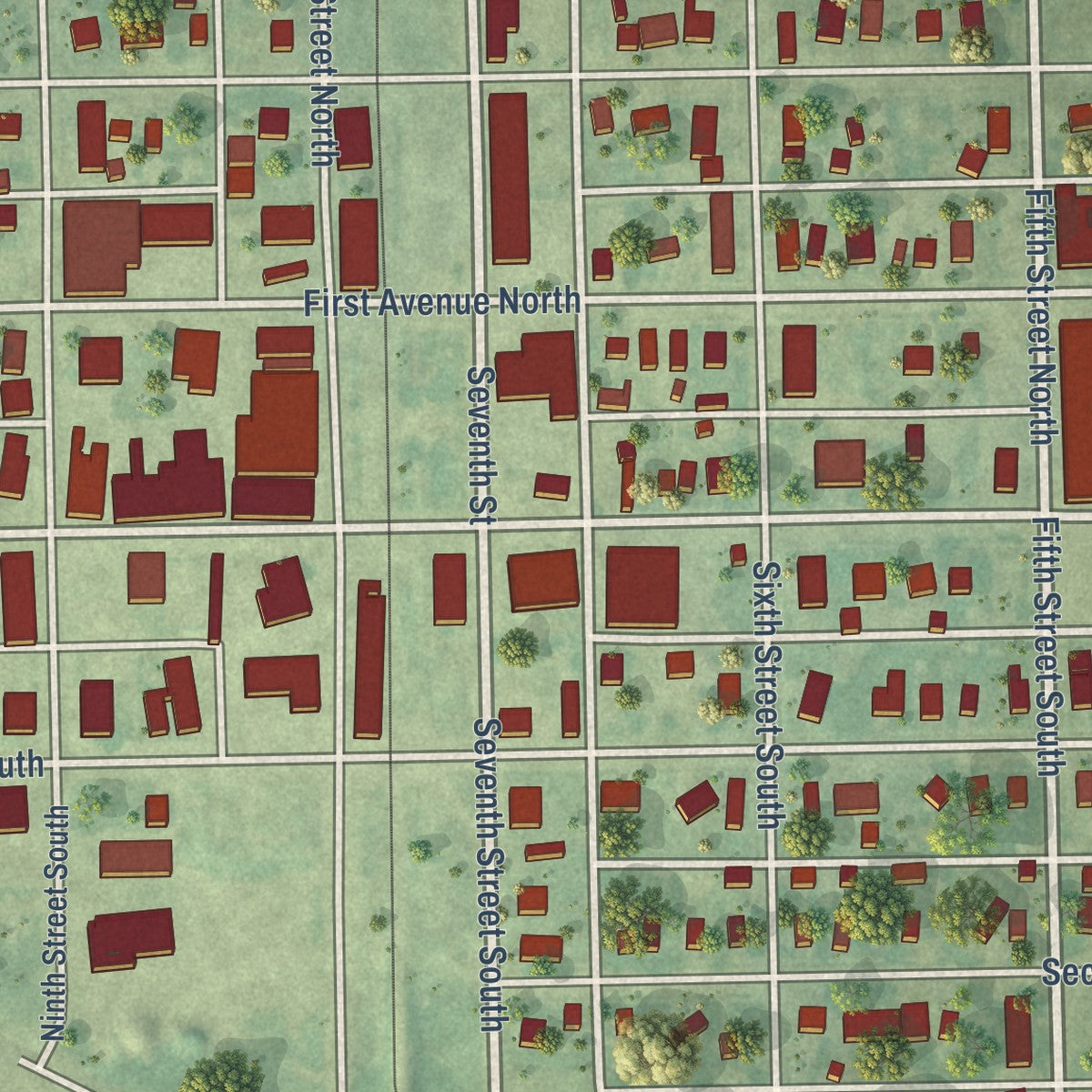 Close-up of the map of New Rockford, North Dakota print showing street and building detail