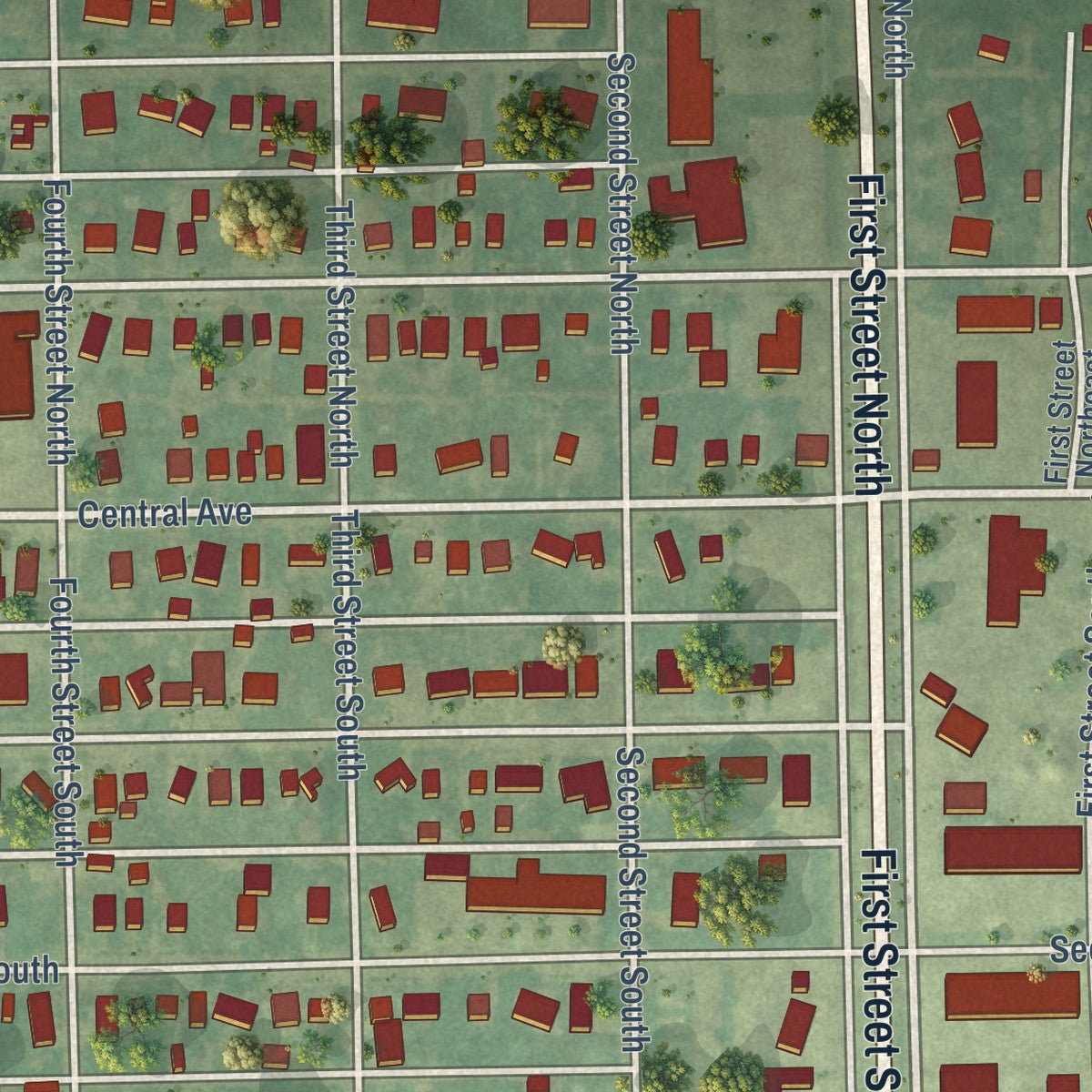 Second close-up of the map of New Rockford, North Dakota print showing more streets and buildings
