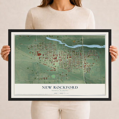 Map of New Rockford, North Dakota, 12 x 18 inch print in a black wood frame