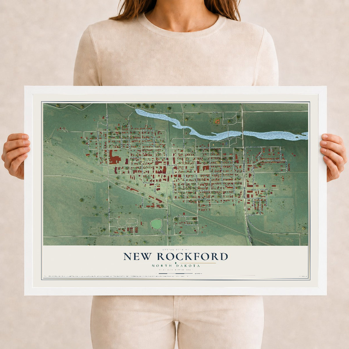 Map of New Rockford, North Dakota, 12 x 18 inch print in a white wood frame