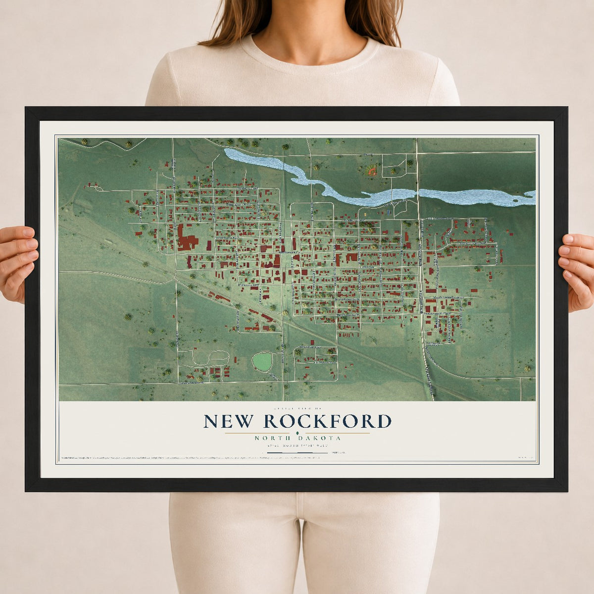 Map of New Rockford, North Dakota, 18 x 24 inch print in a black wood frame