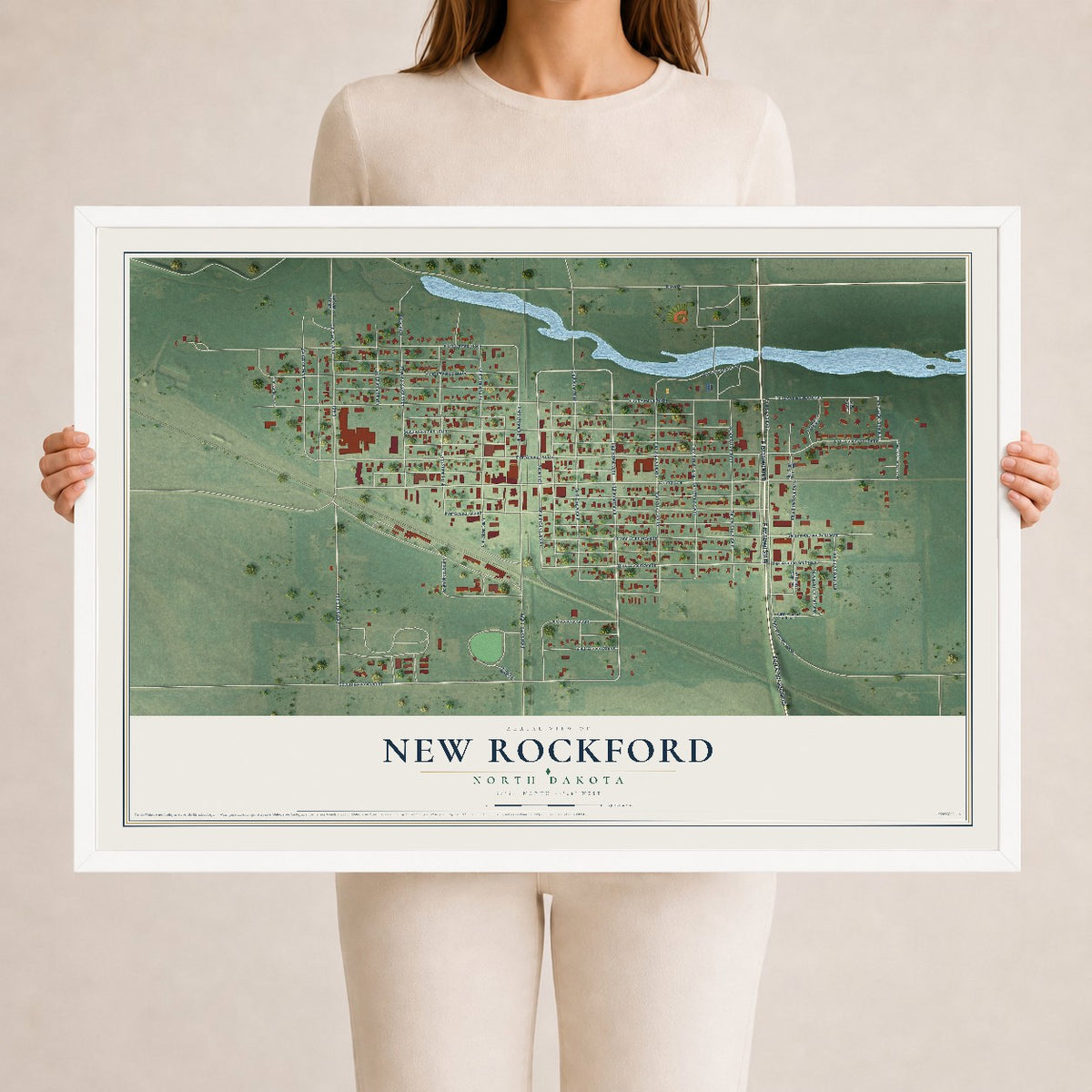 Map of New Rockford, North Dakota, 24 x 36 inch print in a white wood frame