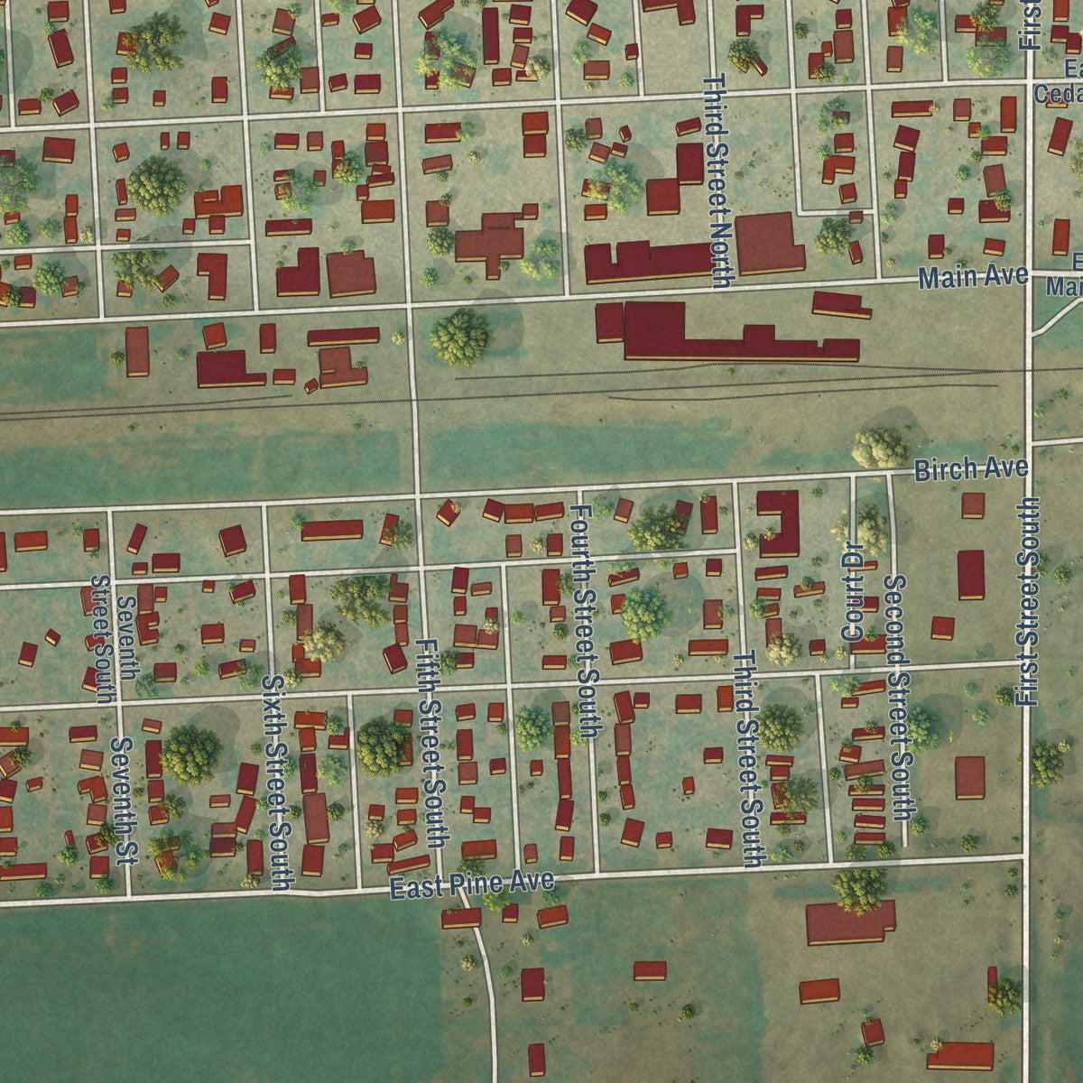 Close-up of the map of New Salem, North Dakota print showing street and building detail