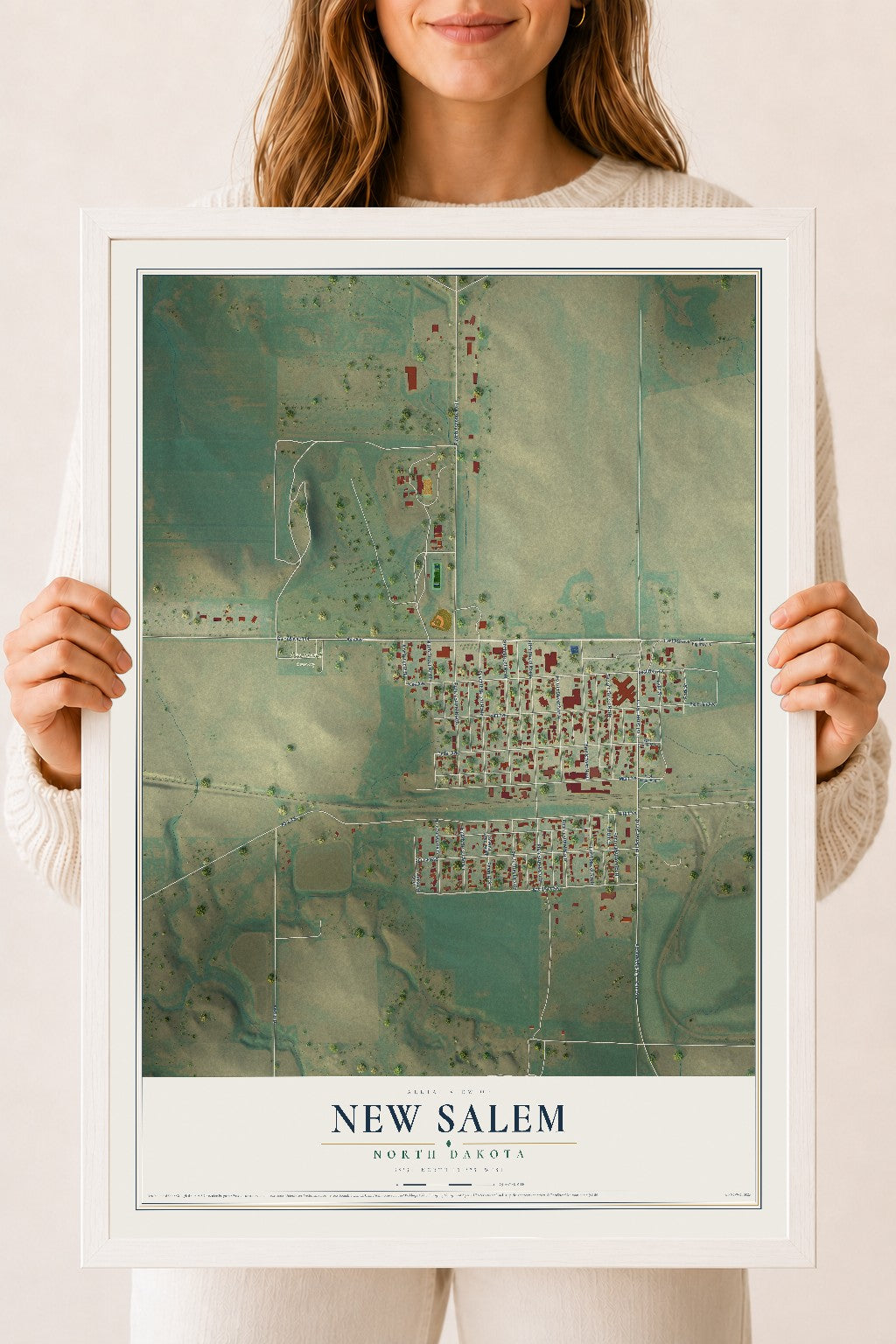 Map of New Salem, North Dakota, 18 x 24 inch print in a white wood frame