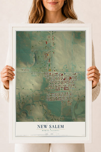 Map of New Salem, North Dakota, 18 x 24 inch print in a white wood frame