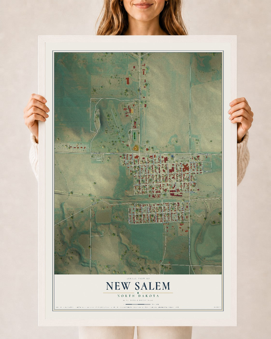 Map of New Salem, North Dakota, 24 x 36 inch print in a white wood frame