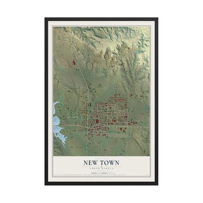 Map of New Town, North Dakota, 12 x 18 inch print in a black wood frame
