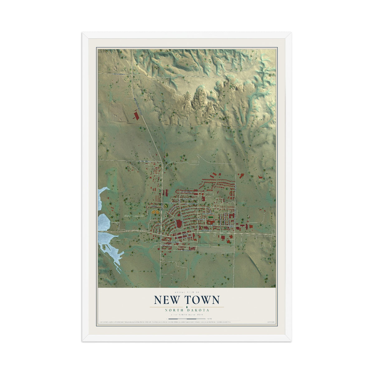 Map of New Town, North Dakota, 12 x 18 inch print in a white wood frame