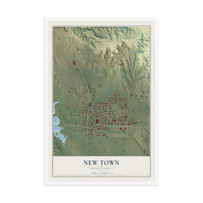 Map of New Town, North Dakota, 12 x 18 inch print in a white wood frame