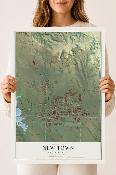 Map of New Town, North Dakota, 18 x 24 inch unframed archival matte print