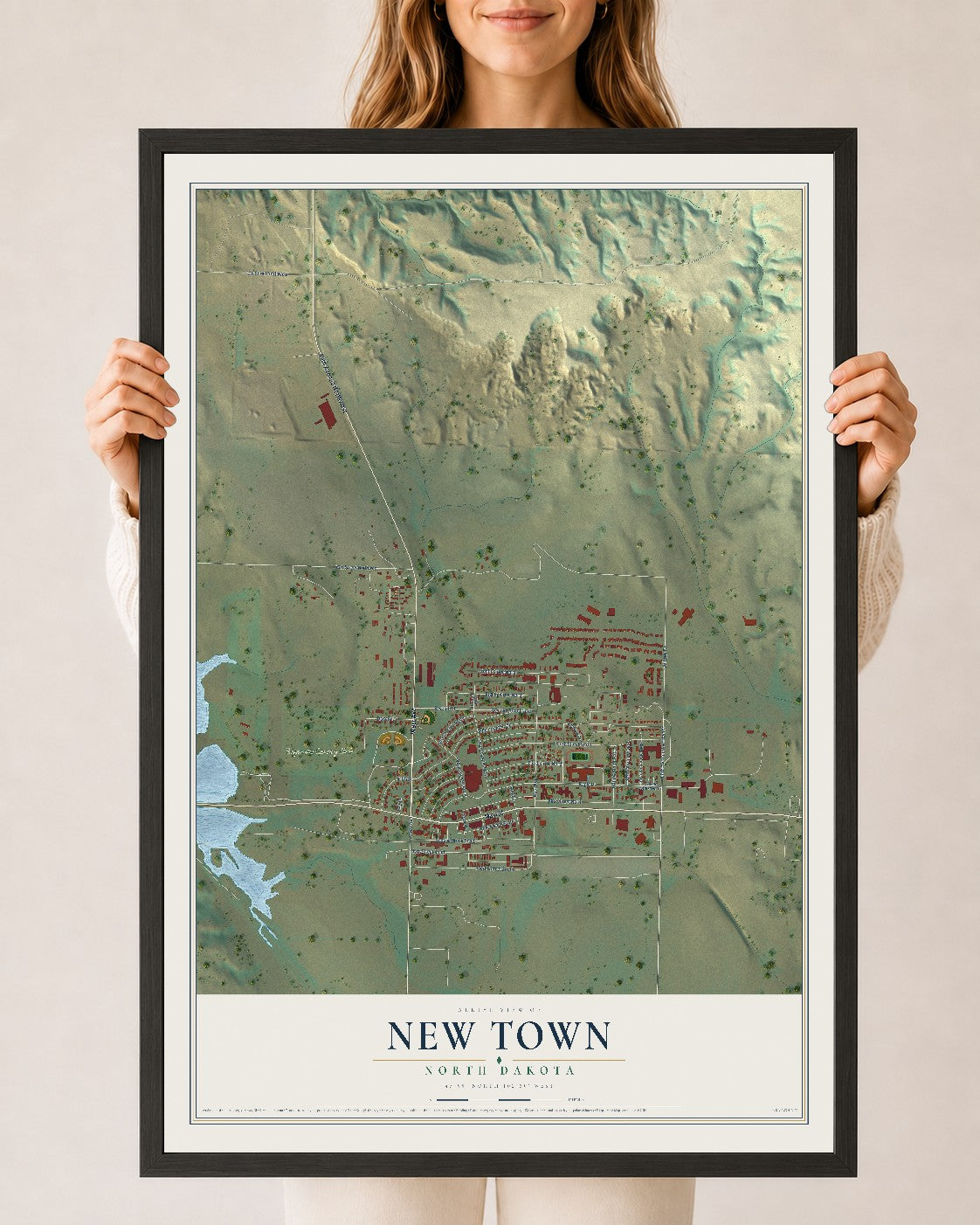 Map of New Town, North Dakota, 24 x 36 inch print in a black wood frame