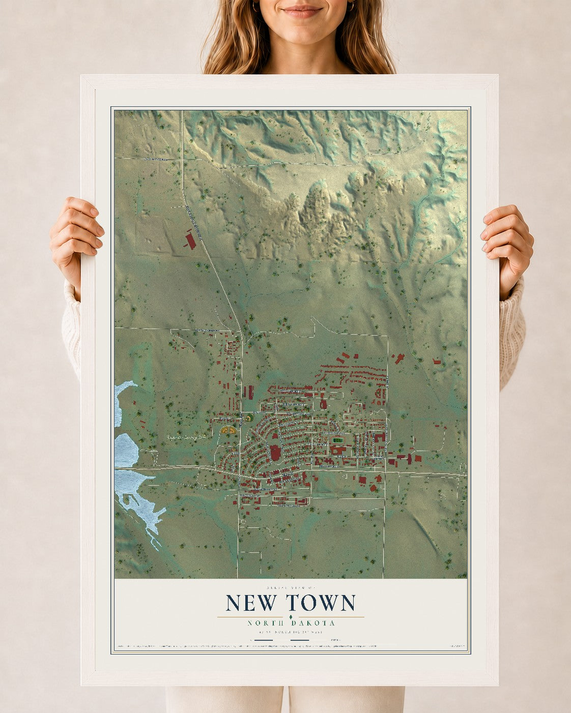 Map of New Town, North Dakota, 24 x 36 inch print in a white wood frame