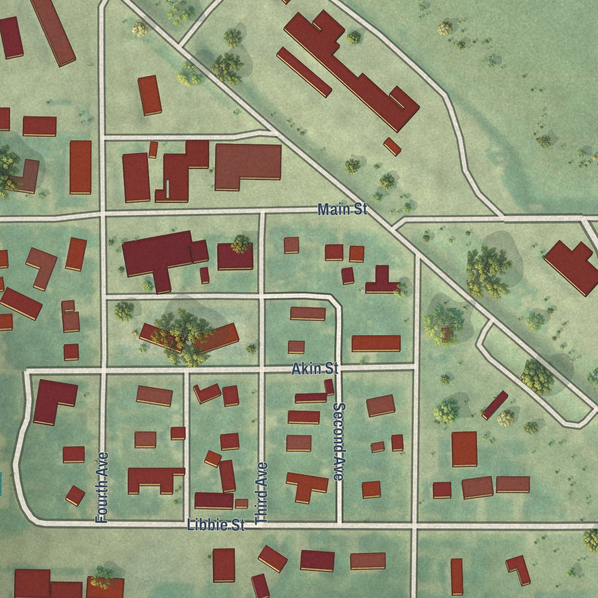 Close-up of the map of Newburg, North Dakota print showing street and building detail