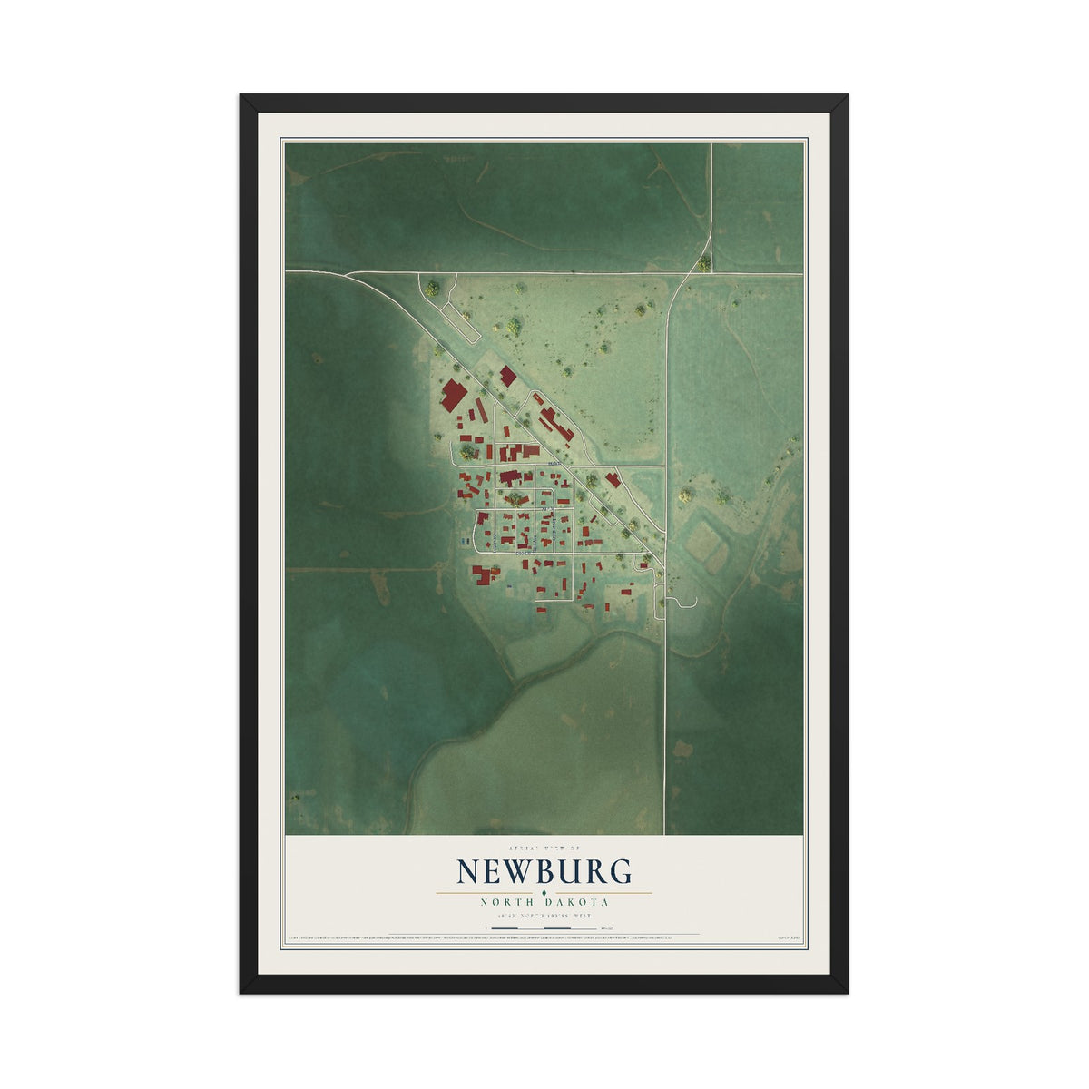 Map of Newburg, North Dakota, 12 x 18 inch print in a black wood frame