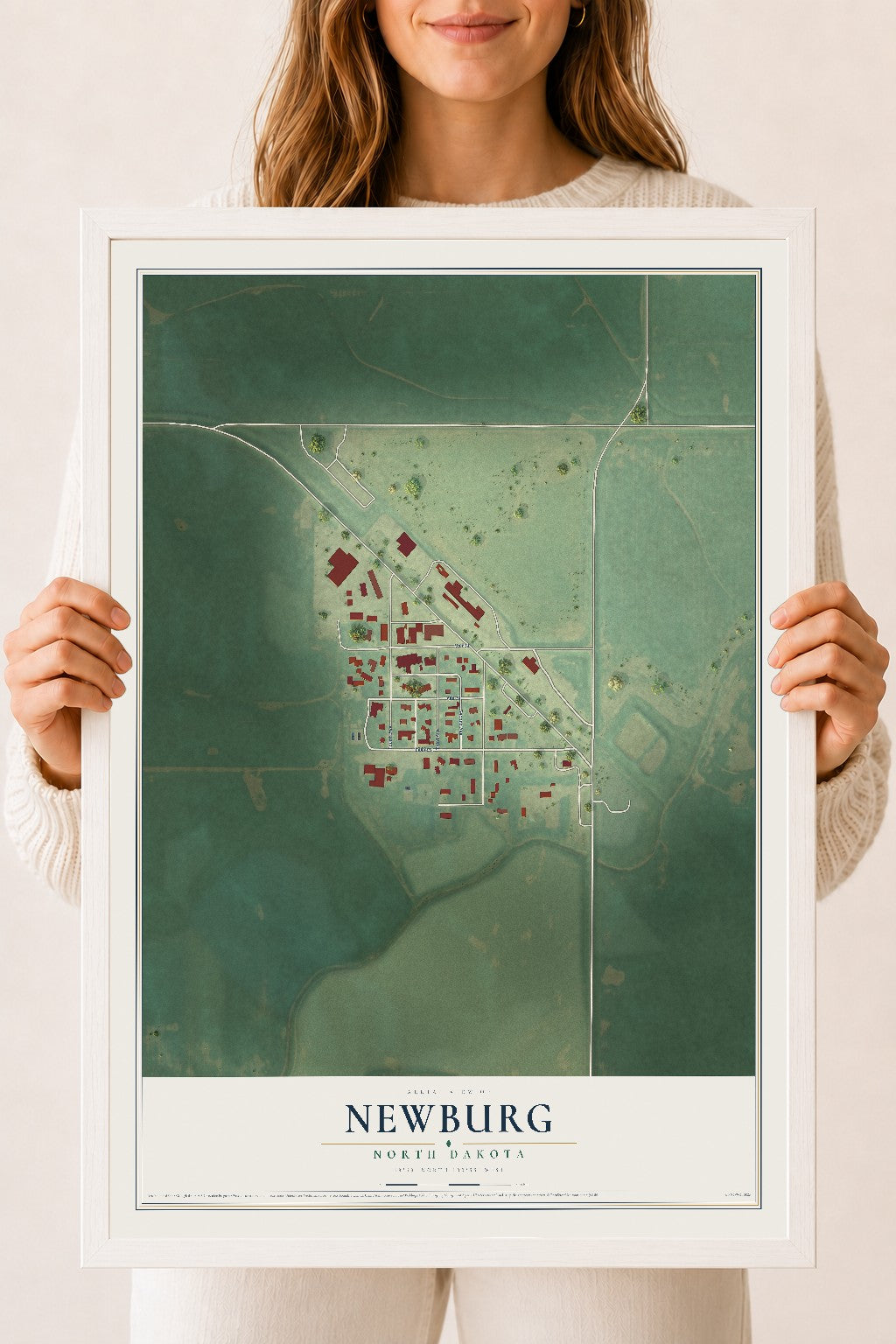 Map of Newburg, North Dakota, 18 x 24 inch print in a white wood frame