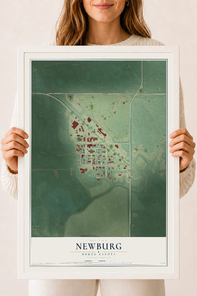 Map of Newburg, North Dakota, 18 x 24 inch print in a white wood frame