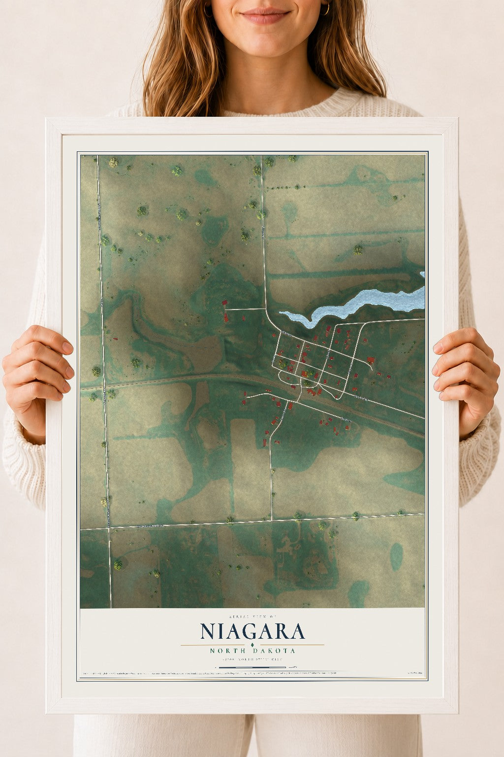 Map of Niagara, North Dakota, 18 x 24 inch print in a white wood frame