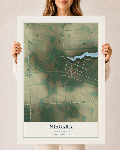 Map of Niagara, North Dakota, 24 x 36 inch print in a white wood frame