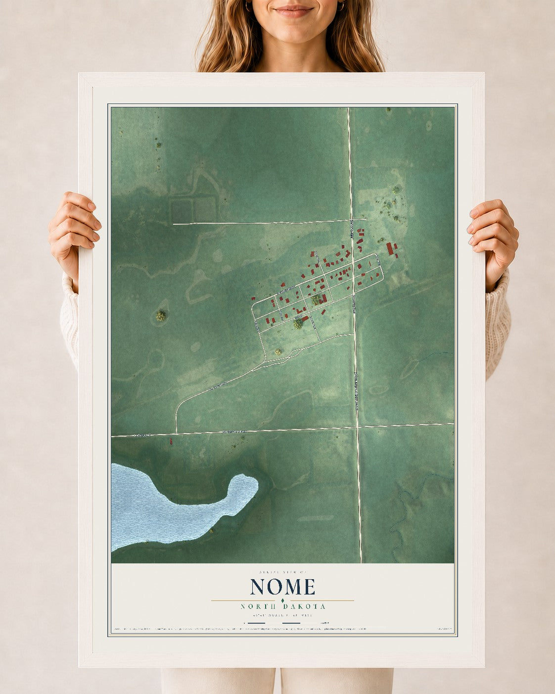 Map of Nome, North Dakota, 24 x 36 inch print in a white wood frame