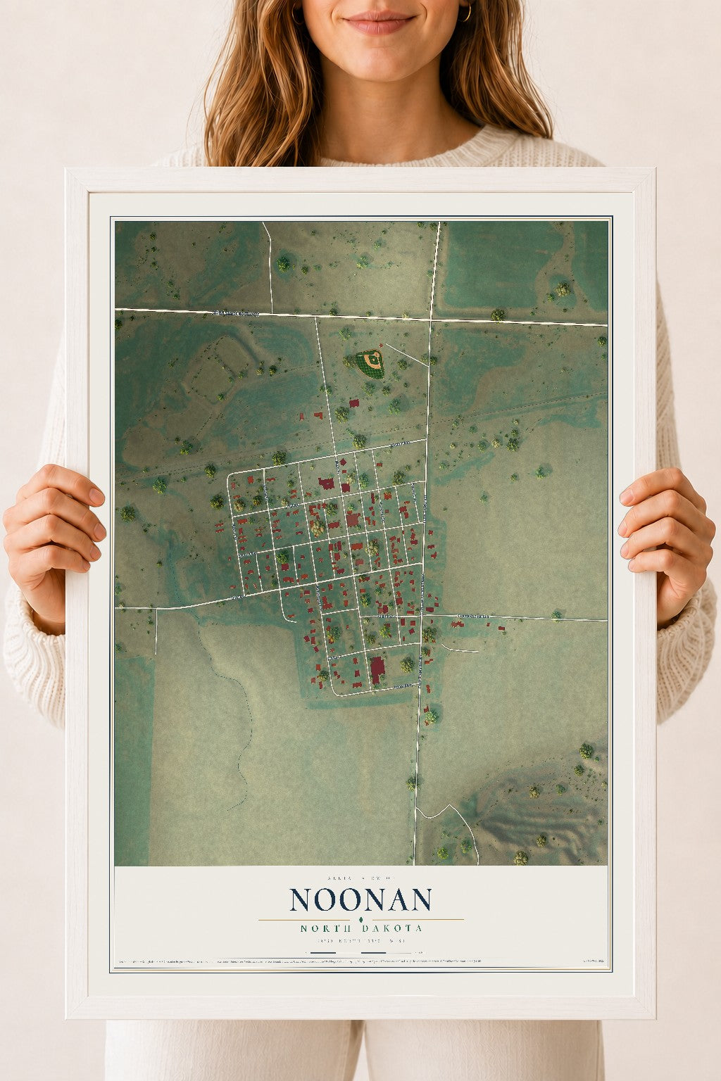Map of Noonan, North Dakota, 18 x 24 inch print in a white wood frame