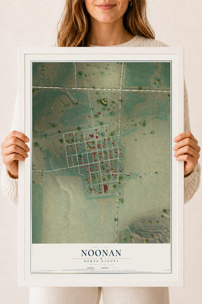 Map of Noonan, North Dakota, 18 x 24 inch print in a white wood frame